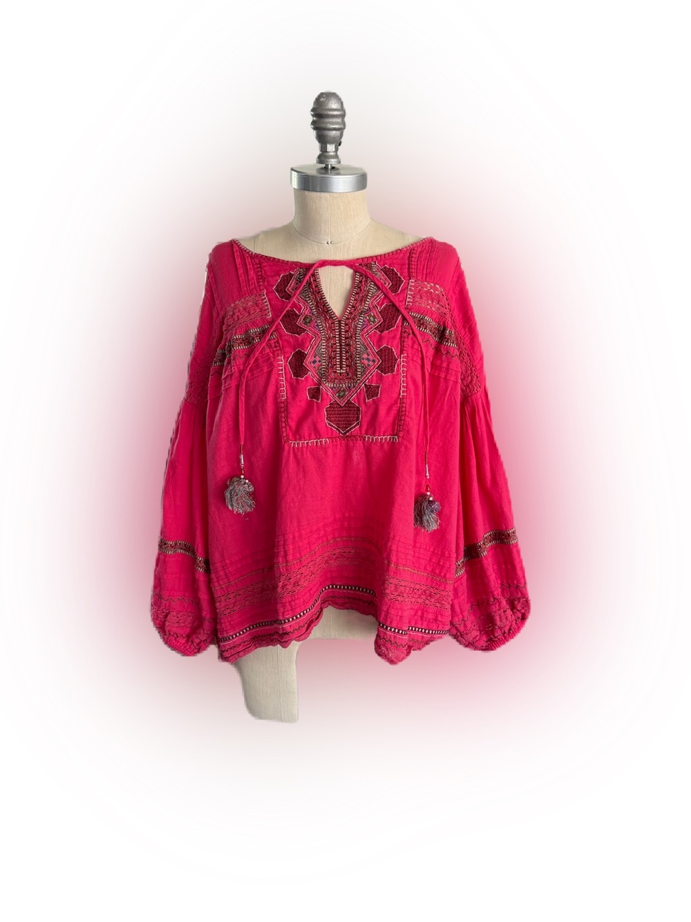 Sundance Women’s Hot Pink Embroidered Boho Top With Tie Tassels. Size XL